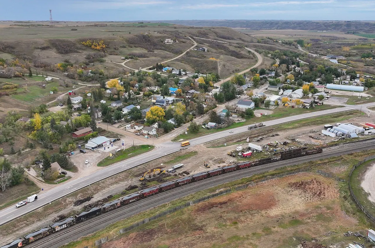 Aerial view of Craven with highway and railway, 2025