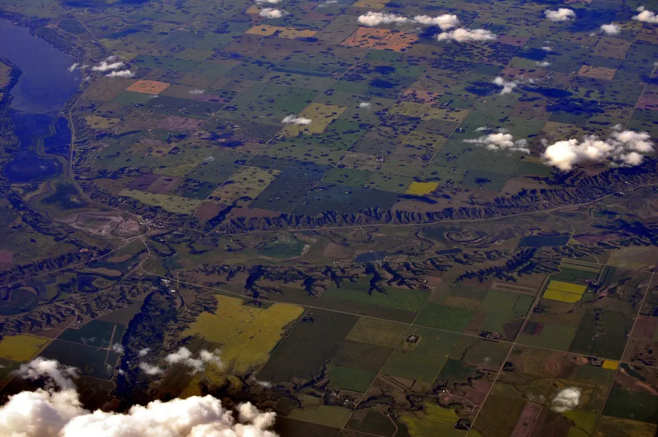 Aerial view of farmland and the Qu'Appelle Valley near Craven, 2013