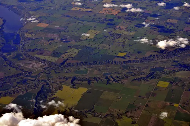 Aerial view of farmland and the Qu'Appelle Valley near Craven