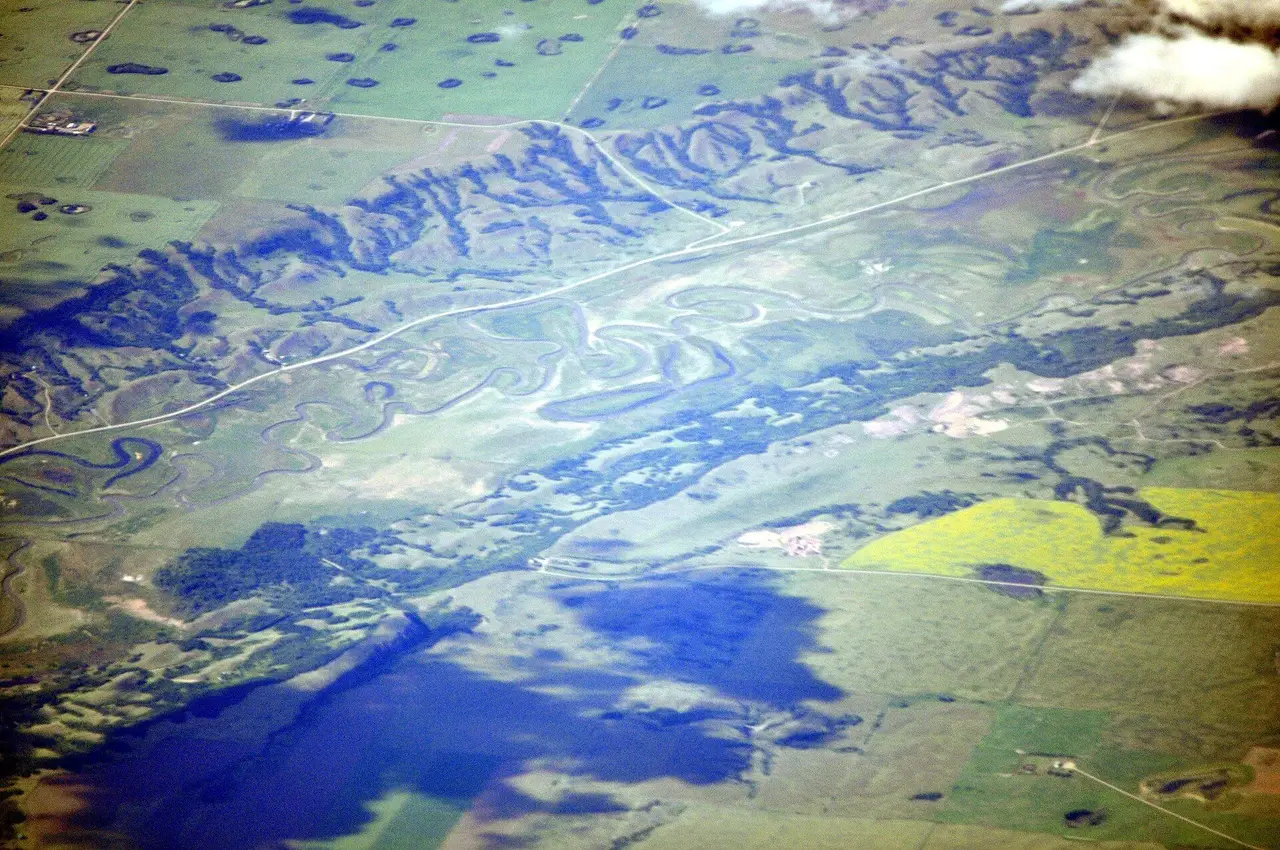 Aerial view of the Qu'Appelle Valley and Highway 99 northeast of Craven, 2013