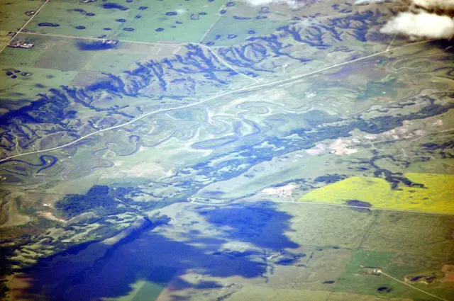 Aerial view of the Qu'Appelle Valley and Highway 99 northeast of Craven