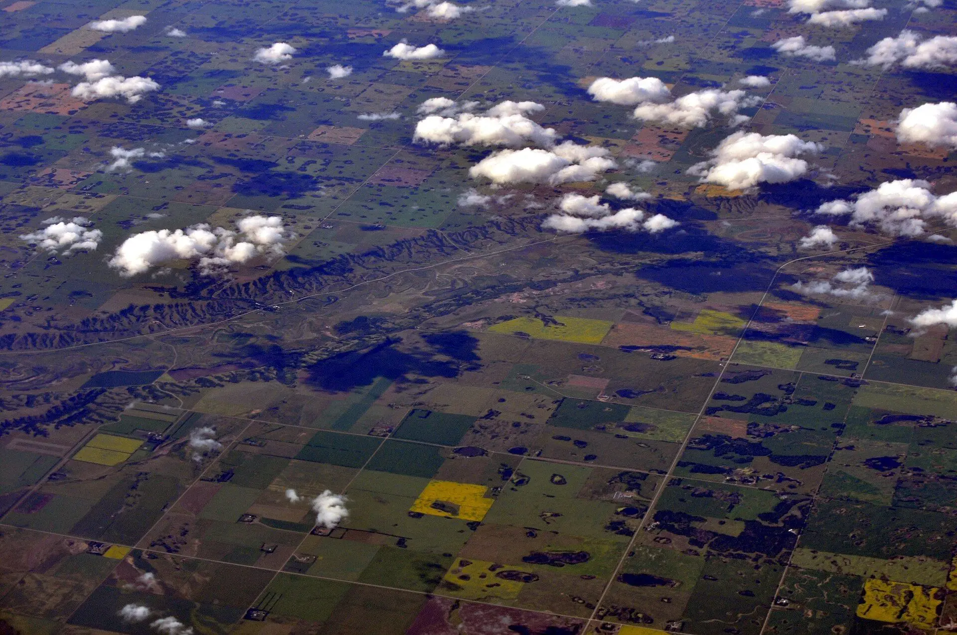 Aerial view of farmland and the Qu'Appelle Valley northeast of Craven