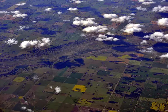 Aerial view of farmland and the Qu'Appelle Valley northeast of Craven