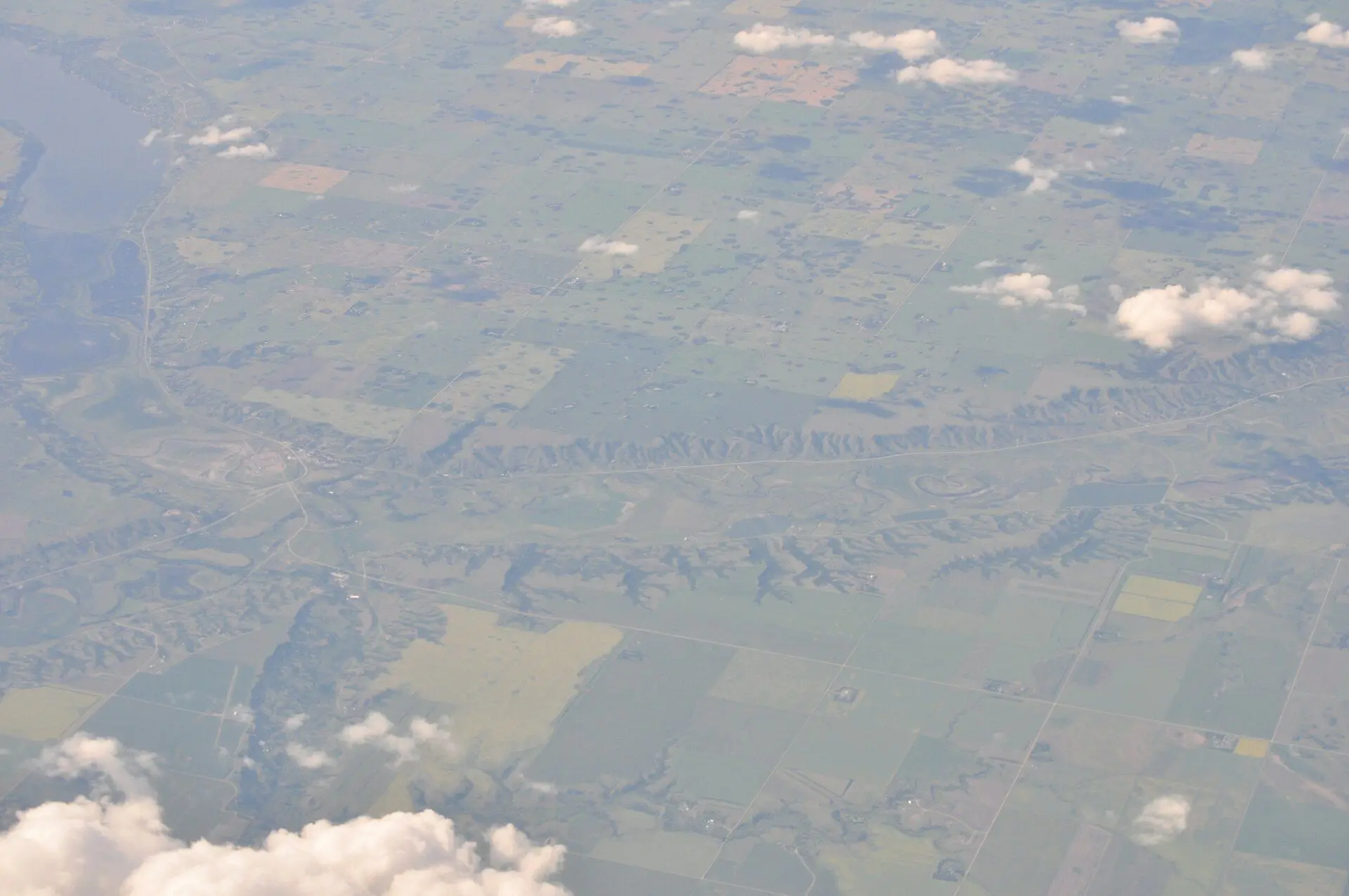 Aerial view of farmland and the Qu'Appelle Valley near Craven