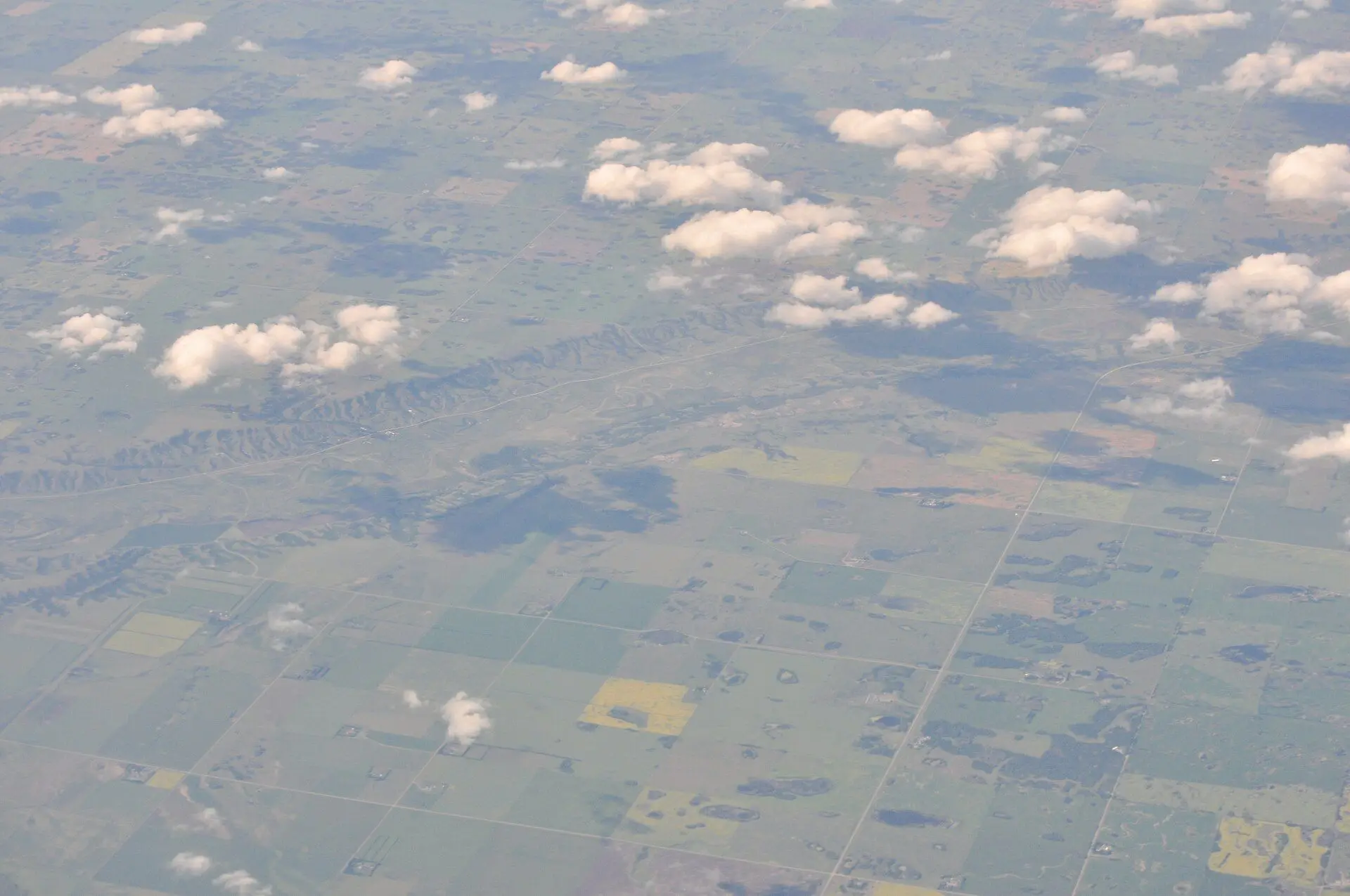 Aerial view of farmland and Qu'Appelle Valley northeast of Craven